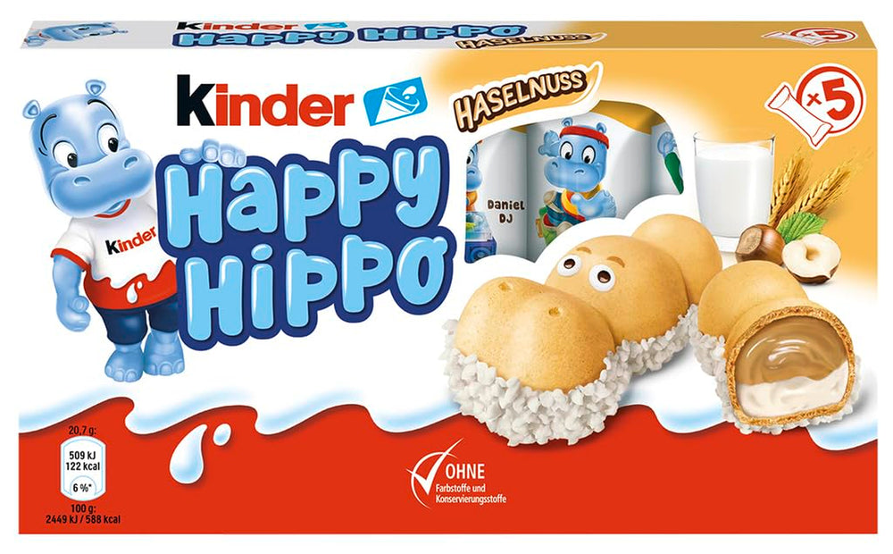Kinder Happy Hippo Hazelnut – Különleges ropogós ostyák tejjel és mogyorókrémmel – Farsangi és Mardi Gras édességek – 1 csomag 5 db 20,7 g-os szeletet tartalmaz