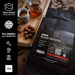 KING'S COFFEE - EDIȚIE NEAGRĂ - 1 kg Boabe de Cafea Crema Intense - Cafea cu Aciditate Scăzută - Prăjire în Loturi Mici din Italia - Boabe de Espresso Arabica Puternic (Amestec) pentru Aparate Complet Automate și Portafiltru