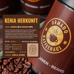 Ormado Coffee House Ediție Barista, Boabe de cafea Kenya patentate – Amestec Arabica și Robusta, Boabe de cafea întregi pentru aparate de cafea complet automate, Boabe prăjite, Cafea corpolentă 250g, Complet automată