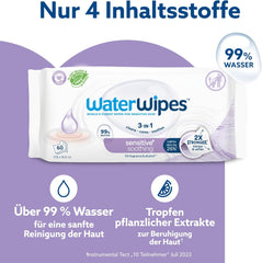 WaterWipes Sensitive+ nyugtató, tiszta nedves törlőkendők, 720 darab (12 csomag), 3 az 1-ben tisztító, ápoló és nyugtató, 99% víz növényi kivonattal, illatmentes baba nedves törlőkendők