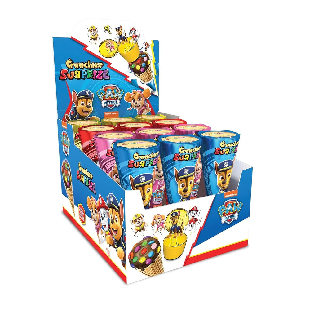 Crunchiez Surprise PAW PATROL, Cornet de înghețată cu umplutură de ciocolată cu alune și o surpriză de înaltă calitate, Tavă cu 12 x 25 g