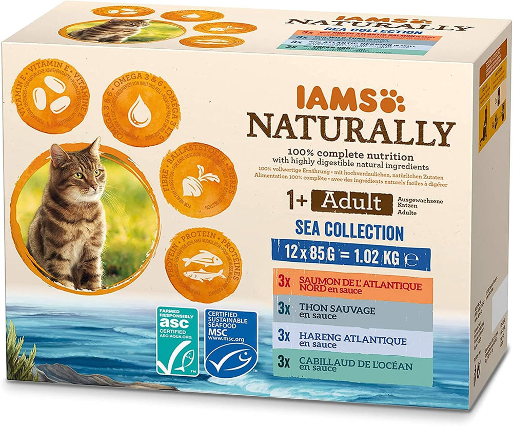 IAMS Hrană umedă naturală pentru pisici în sos - Hrană umedă de înaltă calitate cu pește pentru pisici adulte, Colecția Sea, 12 x 85 g