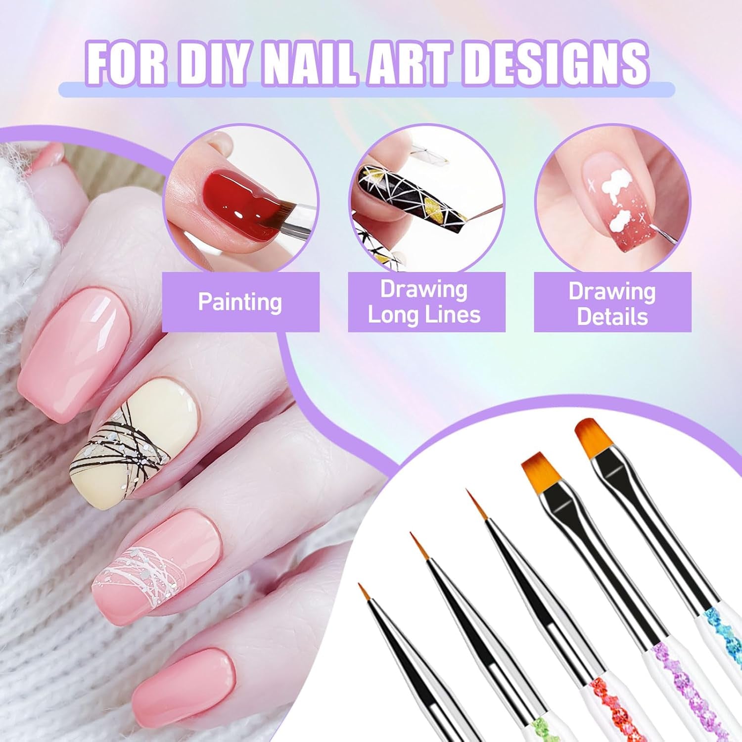 Sularpek 6 Stück Nagel Pinsel, Nail Art Pinsel, Pinsel Nageldesign, Nagel Pinsel Set, Nail Art Dotting Tools Mit 1 Sponge Brush Applikator, Nageldesign Zubehör Für DIY Nail Art Design