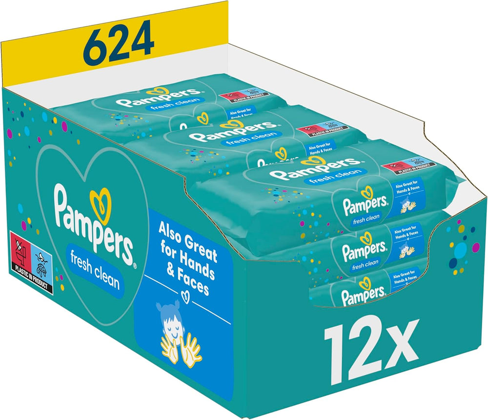 Pampers Fresh Clean nedves törlőkendők, 12 csomag 52 törlőkendő, összesen 624 törlőkendő, könnyű illat, kézre és arcra is alkalmas
