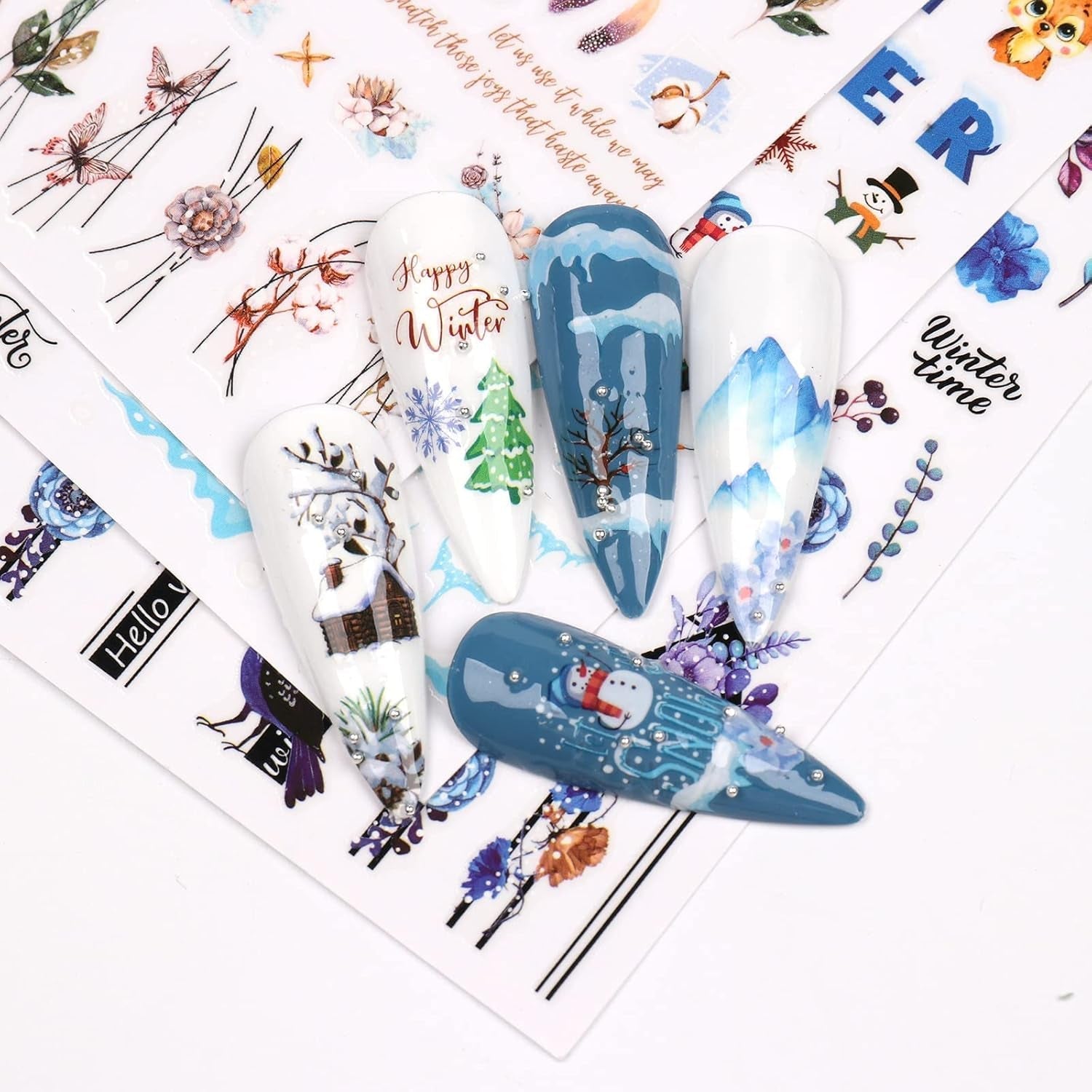 10 Blatt Nagelsticker Weihnachten Nagelaufkleber Selbstklebend Bule White Pine Tree Rentier Nail Art Sticker Dekoration Nageldesign Zubehör