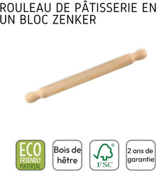 Zenker Rollholz aus Buchenholz, 350 x 30 x 30 mm – Perfekt für Teige und Fondant, FSC-zertifiziert, mit praktische Manschette, Braun