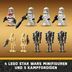 LEGO Star Wars 75372 Clone Trooper & Battle Droid Battle Pack csomaggal 4 minifigura, 5 droid és gyorshajtó motorkerékpár lövöldözős játékkal - Építőjáték 7 évesnél idősebb fiúknak és lányoknak Építőkészletek Besuche den LEGO-Store