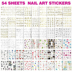 FANDAMEI 54 Blätter Wassertransfer Nagelsticker & Nail Art Pinsel Set, Dotted Pens, Blattgold Für Nagelkunst, Streifenband, Strasssteine, Werkzeug Und Dekorationen Set Für Nagelkunst Maniküre Set