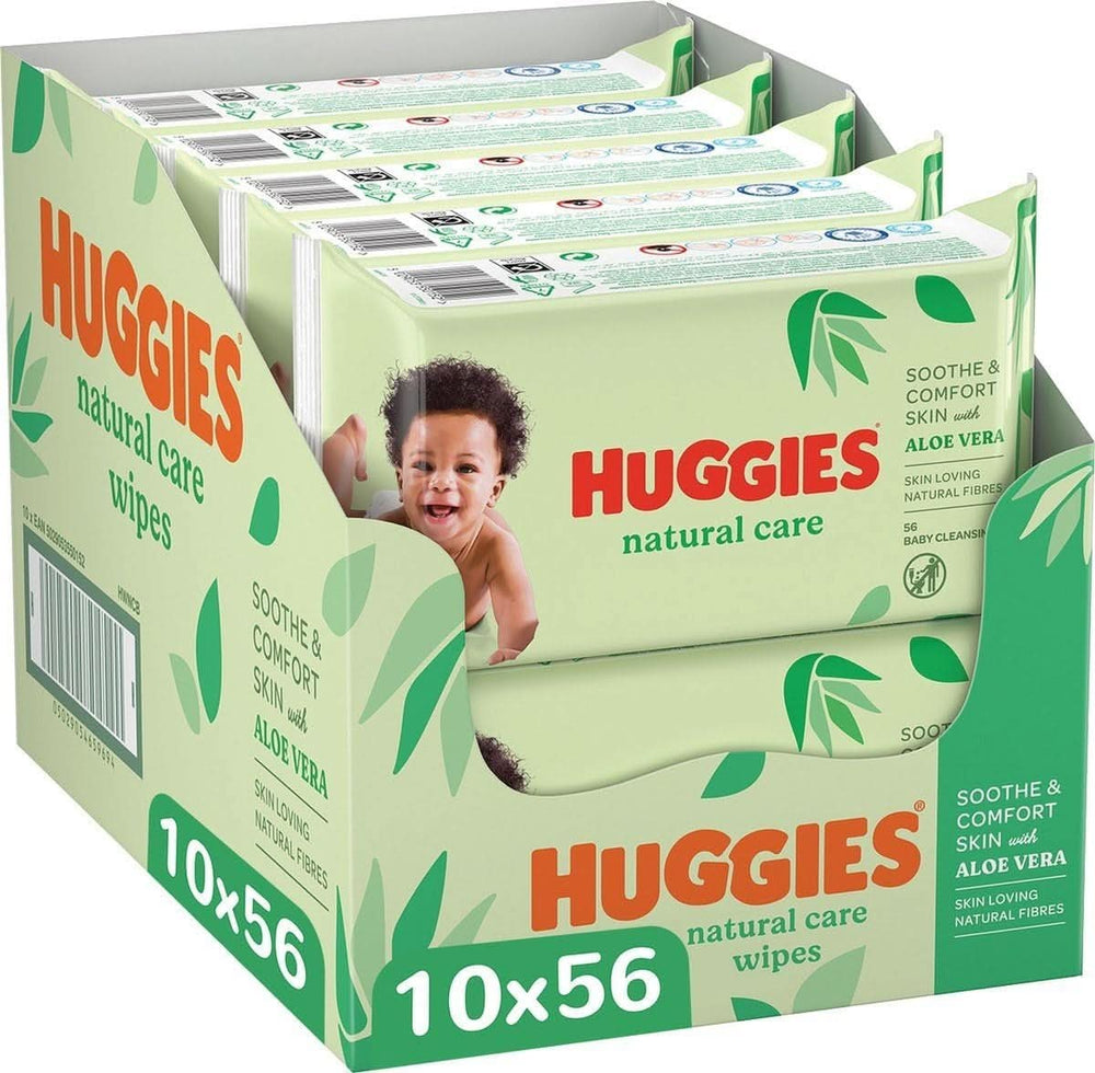 Huggies® Natural Care Baby Wipes, 10 x 56 Șervețele, fabricate din fibre de îngrijire a pielii pentru o piele sănătoasă, îmbogățite cu Aloe Vera Servetele Umede Bebelusi Naty Shop