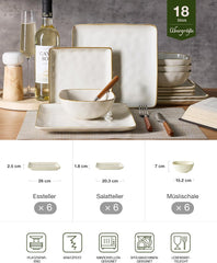 Set de veselă din gresie pentru 6 persoane, seria Ocean, set de veselă pătrată cu 18 piese, set de farfurii, serviciu combinat cu glazură reactivă, veselă rezistentă la zgârieturi, bej