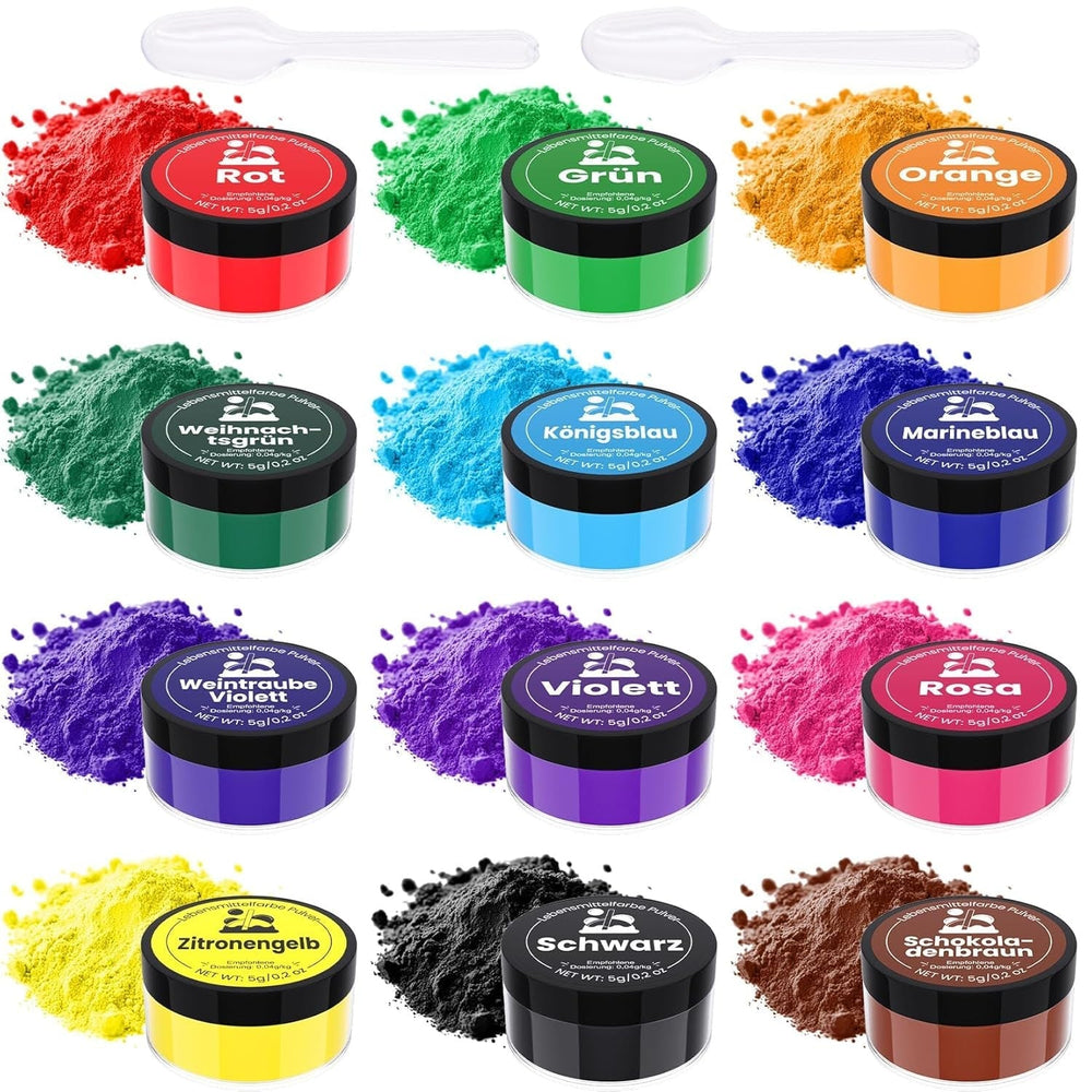 Colorant alimentar pudră 12 culori x 5 g - Colorant alimentar foarte concentrat pentru copt, colorant alimentar pudră pentru prăjituri, macarons, fursecuri, glazură (pentru uz casnic și profesional)
