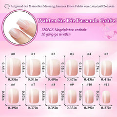 120 buc unghii false roz nud cu lipici de unghii - 12 dimensiuni unghii ovale scurte, pătrate, prin presare - unghii frumoase, unghii artificiale pentru lipire - potrivite pentru designul unghiilor DIY pentru femei (gradient roz Squoval)