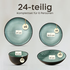 Set de veselă din gresie Twinzee, 24 de piese pentru 6 persoane - Set bol și farfurie - Veselă din gresie pentru cuptorul cu microunde - Colecția Riviera