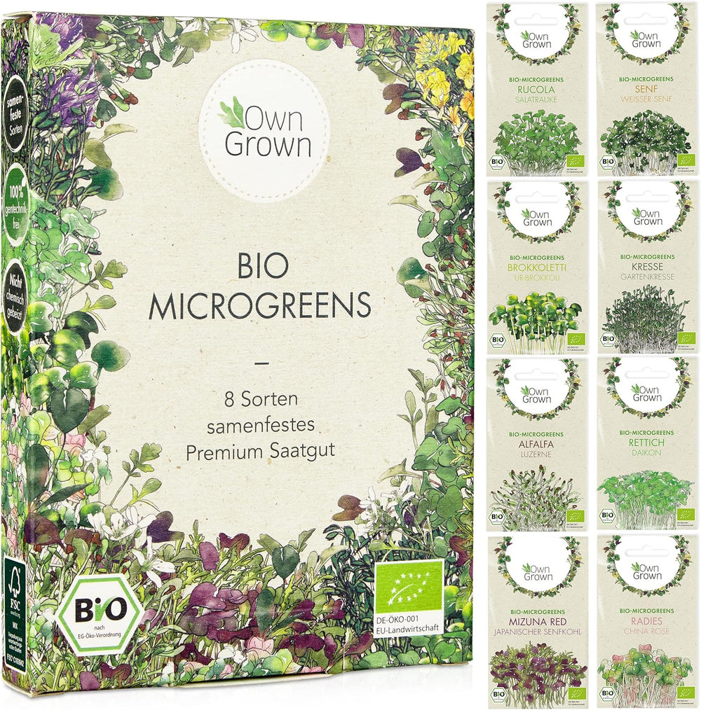 Microgreens Samen Set Von Owngrown - 8 Sorten BIO Sprossen Und MikrogrĂŒn Saatgut Im Microgreens Starter Set - Alfalfa, Rucola, Kresse FĂŒr Kresse Anzuchtschalen Uvm - Sprossen Samen