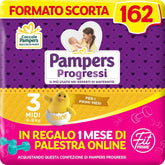 Scutece Pampers Progressi & Fit Prime Midi, format scurt, 162 scutece, mărimea 3 (4-9 kg), abonament online la sală pentru 1 lună cadou