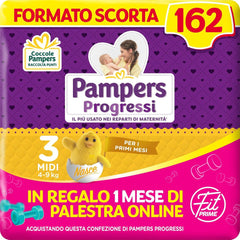 Pampers Progressi & Fit Prime Midi pelenka, rövid formátum, 162 pelenka, 3-as méret (4-9 kg), ajándékba 1 hónapos online tagság az edzőterembe