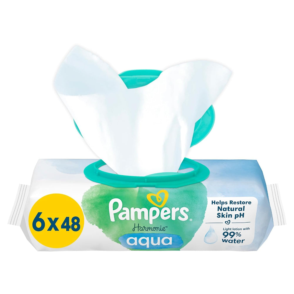 Pampers Harmony Aqua nedves törlőkendő 6 csomag 48 törlőkendő, egyenként 288 törlőkendő Összesen segít helyreállítani a bőr természetes pH-egyensúlyát Könnyű lotion 99% víz