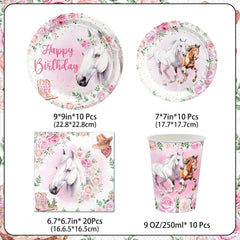 Set de petrecere cu 51 de piese, farfurii de hârtie cu cai roz, pahare, șervețele, pentru copii, fete, băieți, decorațiune de masă cu cai pentru ziua de naștere