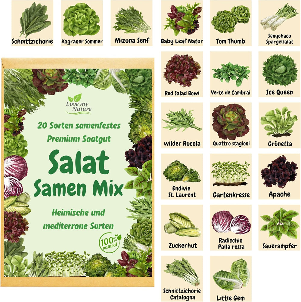 Amestec de semințe pentru salată – Set de 20 de soiuri – Culegere rapidă, tăiere și salate de iarnă – 100% natural – Fără stimulatoare de creștere – Ambalat cu dragoste – Include instrucțiuni și etichetare individuală