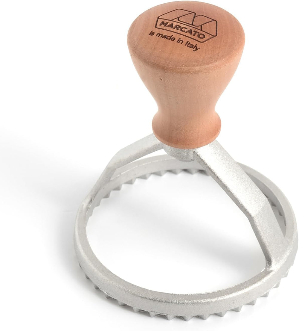 Formatoare de ravioli și fursecuri Marcato, aparat de ravioli, forme de fursecuri, lemn masiv și aluminiu turnat, fabricate în Italia, ștampilă rotundă de 80 mm