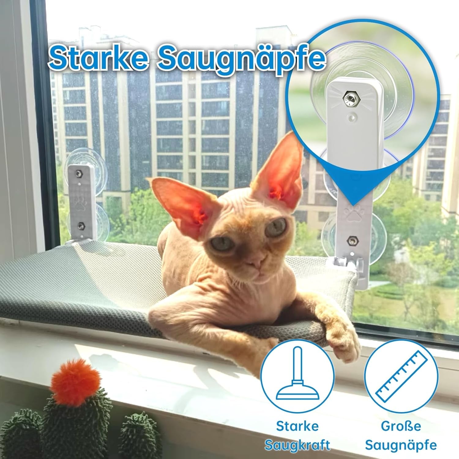 Șezlong Bnbnpup pentru pisici, pat pentru pisici, hamac pentru fereastră cu ventuze puternice până la 18 kg - husă detașabilă și reversibilă, pliabilă și stabilă (gri, L)