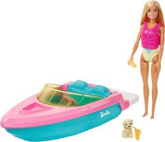 Barbie Speedboat Set, Barbiepuppe mit blonden Haaren, rosa Schwimmweste, Boot, Welpe, Zubehör, Geschenke für Kinder ab 3 Jahren, GRG30