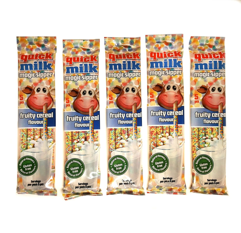 QUICK MILK Gyümölcsös gabonapehely – Strohhalme für Milch mit Getreide und Früchten, 5 Packung je 5 Trinkhalme (25 Halme)