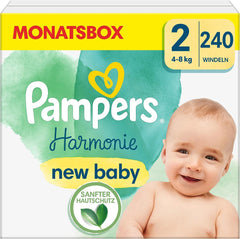 Pampers bébi pelenkák, 2-es méret (4-8 kg), Harmony, Half Moon Box, gyengéd bőrvédelem és gyógynövény-összetevők, 240 darab