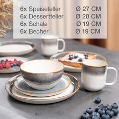 Set de veselă Moritz & Moritz TARENTO, 24 de piese, pentru 6 persoane, gri - Set elegant de farfurii din gresie de înaltă calitate - Setul de veselă include 6 farfurii de cină, 6 farfurii de desert, 6 farfurii de sumă și 6 cești