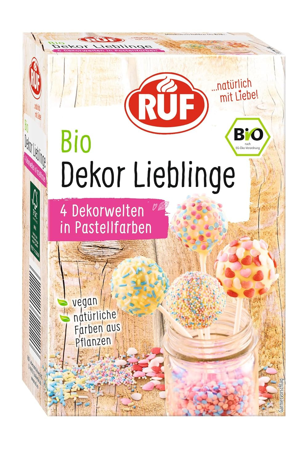 RUF Organic Dekor Lieblinge, 4 varietăți de decorațiuni de copt colorate cu sprinkles, perle de zahăr și inimi de zahăr, fără coloranți artificiali, vegan, 140 grame Naty Shop
