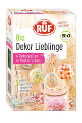 RUF Organic Dekor Lieblinge, 4 varietăți de decorațiuni de copt colorate cu sprinkles, perle de zahăr și inimi de zahăr, fără coloranți artificiali, vegan, 140 grame Naty Shop