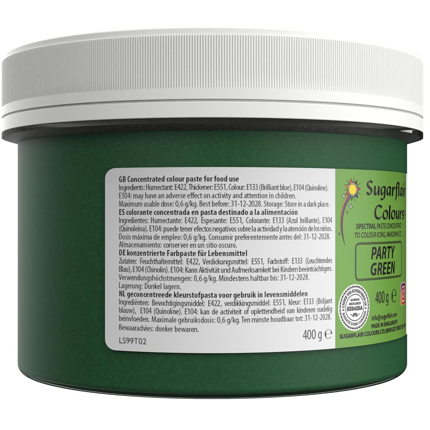 Colorant alimentar Sugarflair Partygreen pentru paste, colorant alimentar pentru fondant și marțipan, paste concentrate Spectral - 400 g