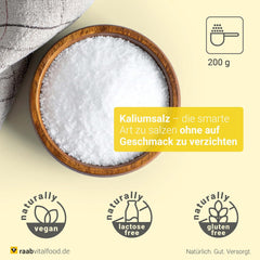 Raab Vitalfood Kalium salt-Mischung, Mineralsalzmischung mit 66,7% Natriumchlorid (Kochsalz) és 33% Kaliumchlorid, Kalium trägt zur Aufrechterhaltung eines normalen Blutdruck bei (1 x 200 g adag)
