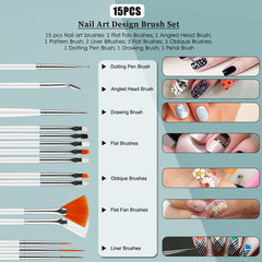 Nail Art Dekorationen & Nagelpinsel Set, Nageldesign Zubehör, Nagelset 5 Stk 2 Wege Punktierung Stift, 15 Malerei Polnisch Pinsel Set, 10 Streifenband, 4 Boxen Bunte Nagel Rhinestones Dekoration