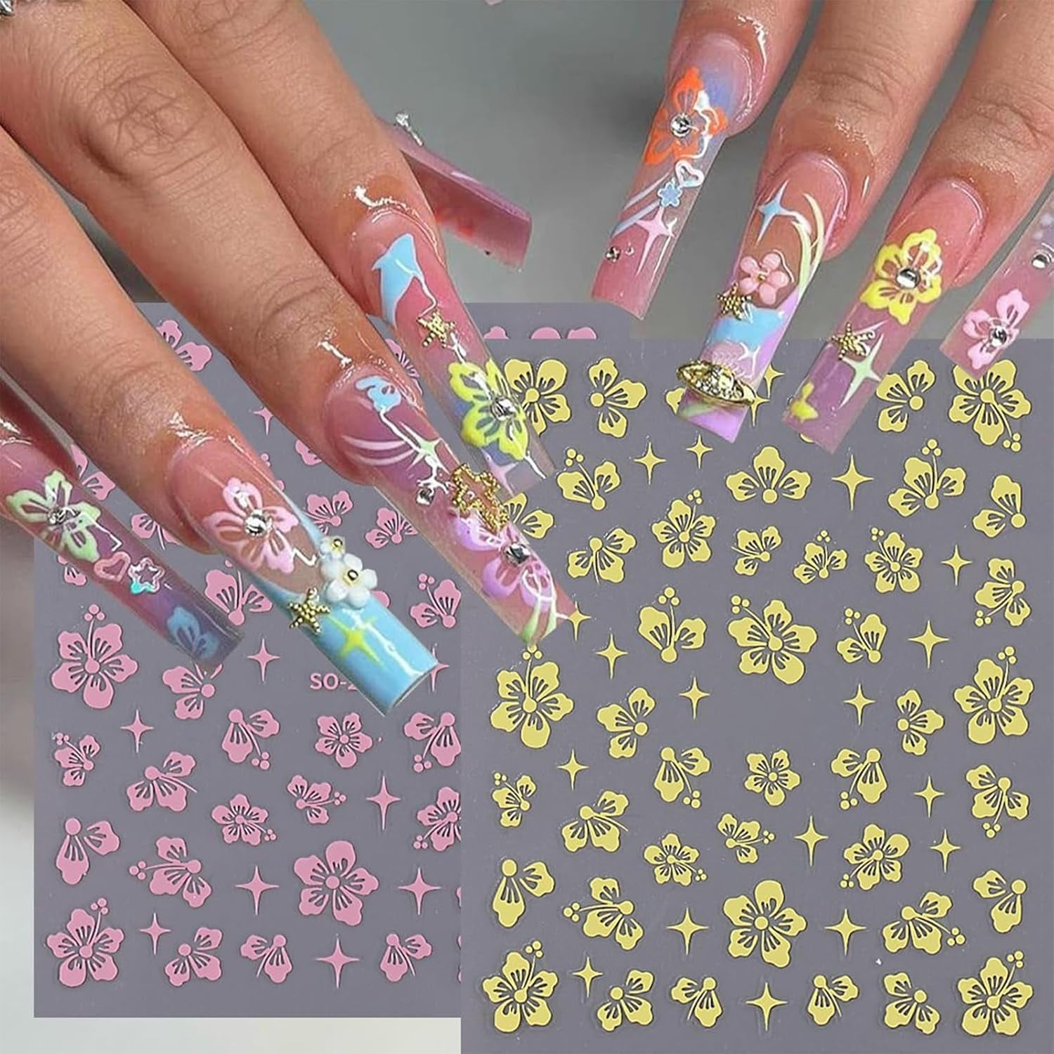 8 Stück Hibiskus Nagelsticker, 3D Selbstklebende Blumen Nagelaufkleber, Weiß Rosa Gelb Magenta Sommer Neonail Sticker, Nail Art Zubehör Nagel Deko Für Frauen