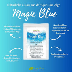 Colorant alimentar natural albastru pudră Magic Blue Spirulina (vegan crud) Albastru închis până la albastru deschis pastel - Colorant alimentar pudră cu alge ficocianină - Colorant alimentar natural | Pureraw 5G