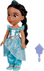 Disney Princess Jasmin Puppe 35 cm, reflektierende Glitzeraugen, bewegliche Gelenke, ausziehbares Outfit, Schuhe, Krone, langes geflochtenes Haar, für Mädchen ab 3 Jahren
