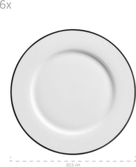 Mäser, seria Nola, serviciu modern de cafea pentru 6 persoane, alb cu margine neagră, set de veselă cu 18 piese, cești de cafea, farfurioare și farfurii de desert - serviciu rotund de cafea, set de cafea, alb