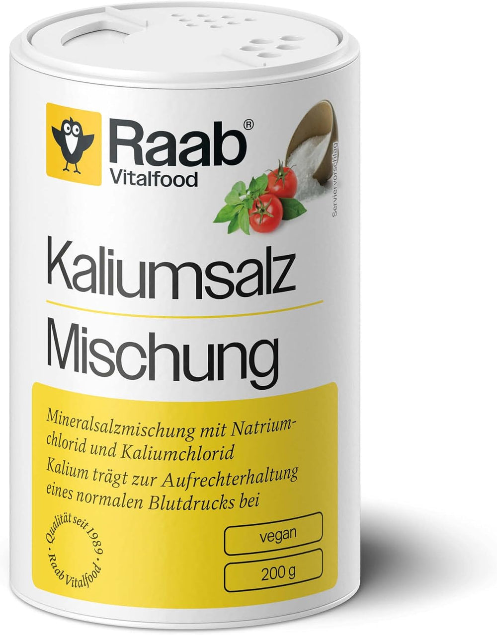 Raab Vitalfood Kalium salt-Mischung, Mineralsalzmischung mit 66,7% Natriumchlorid (Kochsalz) és 33% Kaliumchlorid, Kalium trägt zur Aufrechterhaltung eines normalen Blutdruck bei (1 x 200 g adag)