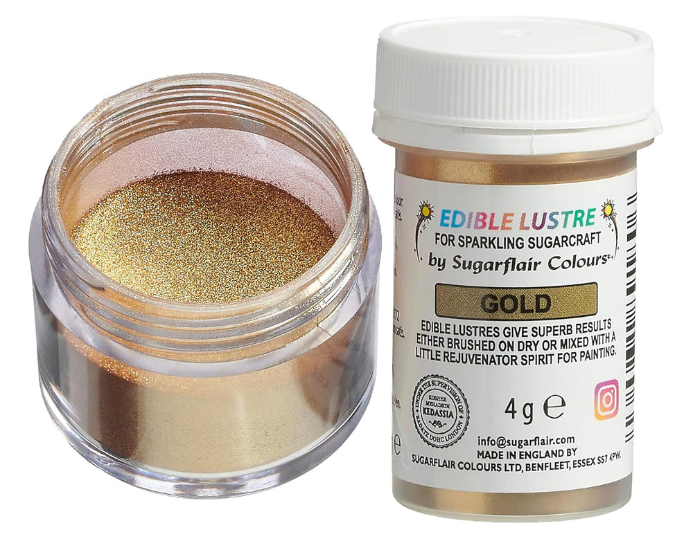 Colorant alimentar comestibil Sugarflair, auriu - Pudră de luciu alimentar pentru prăjituri, brioșe, ciocolată, produse de patiserie, deserturi, înghețată, băuturi, cocktailuri și multe altele - 4g