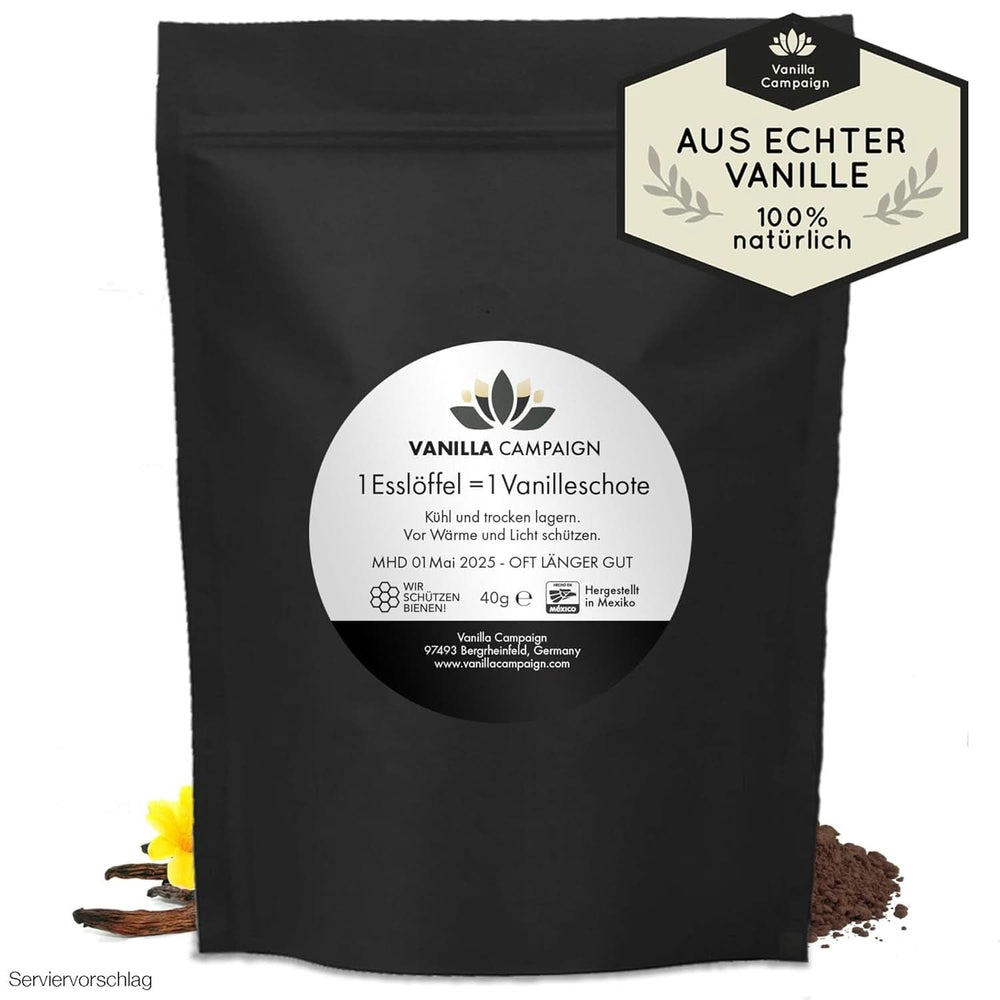 Prémium vaníliapor valódi vaníliababból, natúr, cukormentes, adalékanyagok nélkül, méltányos kereskedelem, vegán (40 g doboz nélkül) a Vanilla Campaign® Flavours Naty Shopból 40 g (egyszeri adag)