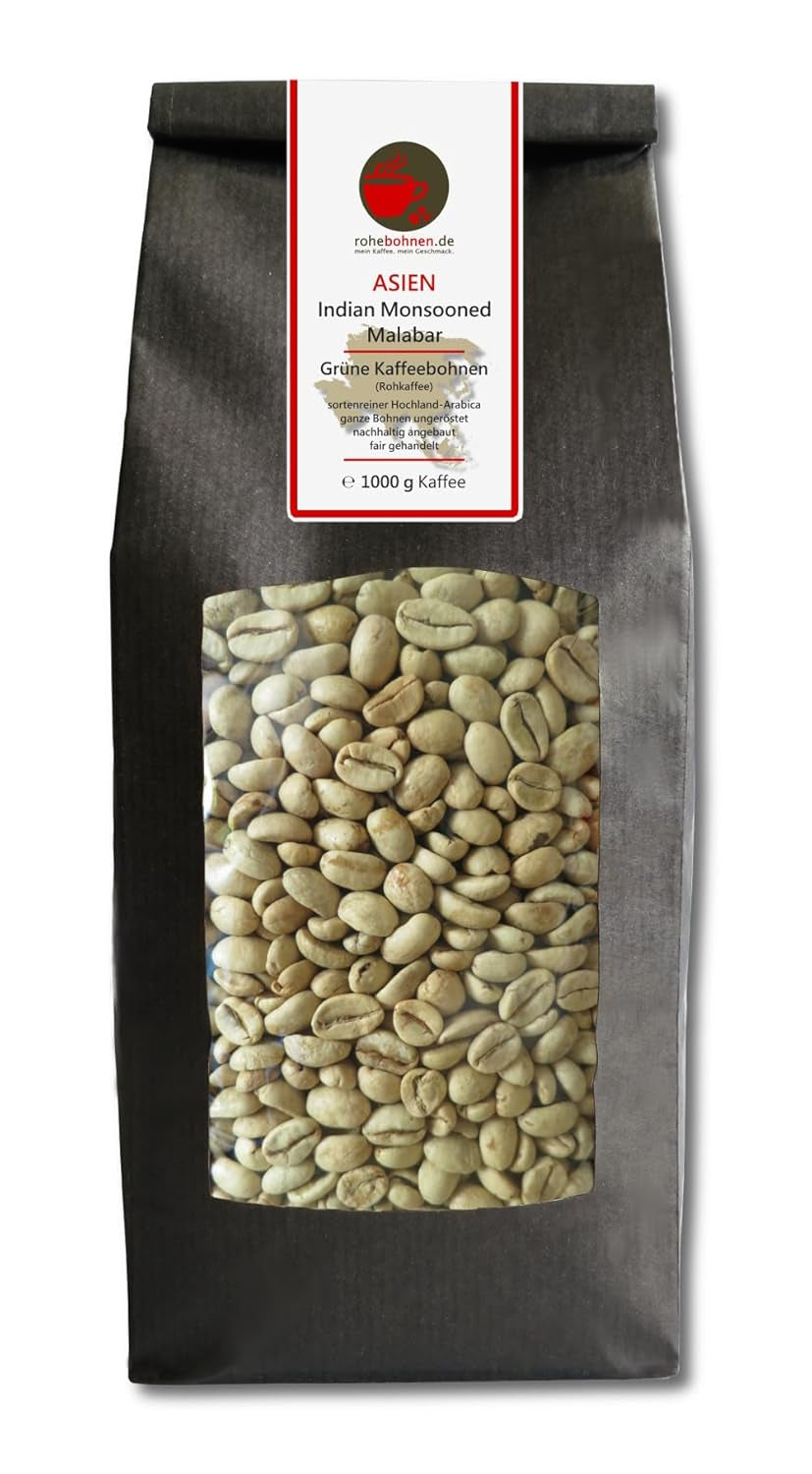 Cafea crudă - Cafea verde Malabar Monsooned din India (1000g boabe de cafea verde) - certificată GMP