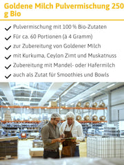 - BIO Goldene Milch Gewürzmischung | Gewürzmischung aus 100 % Bio-Zutaten für die Zubereitung von goldener Milch. Ideális, mint Zutat für Smoothies und Bowls | Tartalom: 250 g