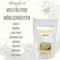 Dekozauber24 couverture drops, alb, 500g, cu aromă de ciocolată albă și vanilie, chipsuri Deco Melts, rezistent la microunde, pentru cake pops, prăjituri, tarte, torturi, picurare sau glazură Pasta de zahar Naty Shop