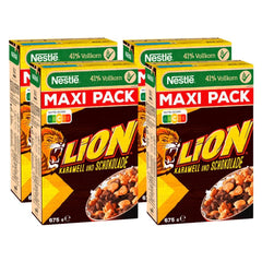 Nestlé Lion gabonapehely, csokoládé karamell ízű kukoricapehely, 41% létfontosságú teljes kiőrlésű gabona, vitaminok és ásványi anyagok, ropogós pelyhek, Maxi Value Pack, 4 db-os kiszerelés (4 x 675 g)