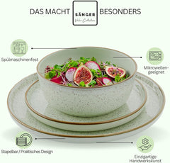 SÄNGER Rio Mint | Set de veselă din gresie pentru 6 persoane, 6 farfurii, 6 farfurii de desert, 6 boluri, verde mentă | COLECȚIA VALUE