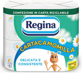 Regina Cartacamomilla - 8 role hârtie igienică, 300 foi pufoase, 3 straturi, moale și consistentă, ambalaj din hârtie reciclabilă