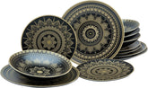 CreaTable, 23588, seria MANDALA GOLD - Negru, set de veselă cu 12 piese, set de farfurii din gresie, potrivit pentru mașina de spălat vase și cuptorul cu microunde, producție de calitate