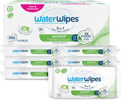 WaterWipes Sensitive+ Hydrating Boost nedves törlőkendők, hidratáló törlőkendők, 360 darab (6 csomag), 3 az 1-ben tiszta, ápoló, hidratáló, 99% aloe vera víz, illatmentes baba törlőkendők