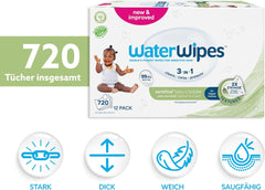 WaterWipes Sensitive+ baba- és kisgyermekkori nedves törlőkendők, 720 darab (12 csomag), 3 az 1-ben tisztítás, ápolás, védelem, 99,9% víz, texturált tisztító, illatmentes